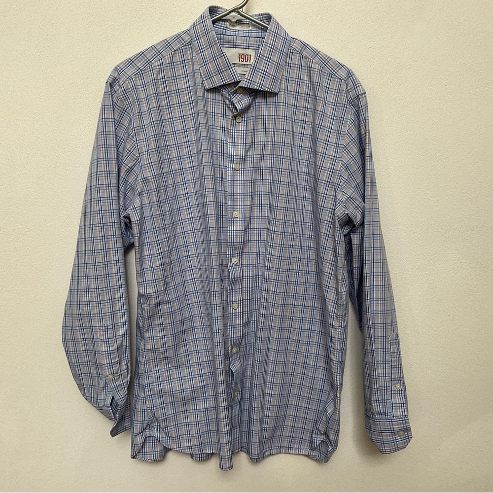 1901 Blue, Gold Plaid No Iron Trim Fit Button Down Shirt Size 17 34/35